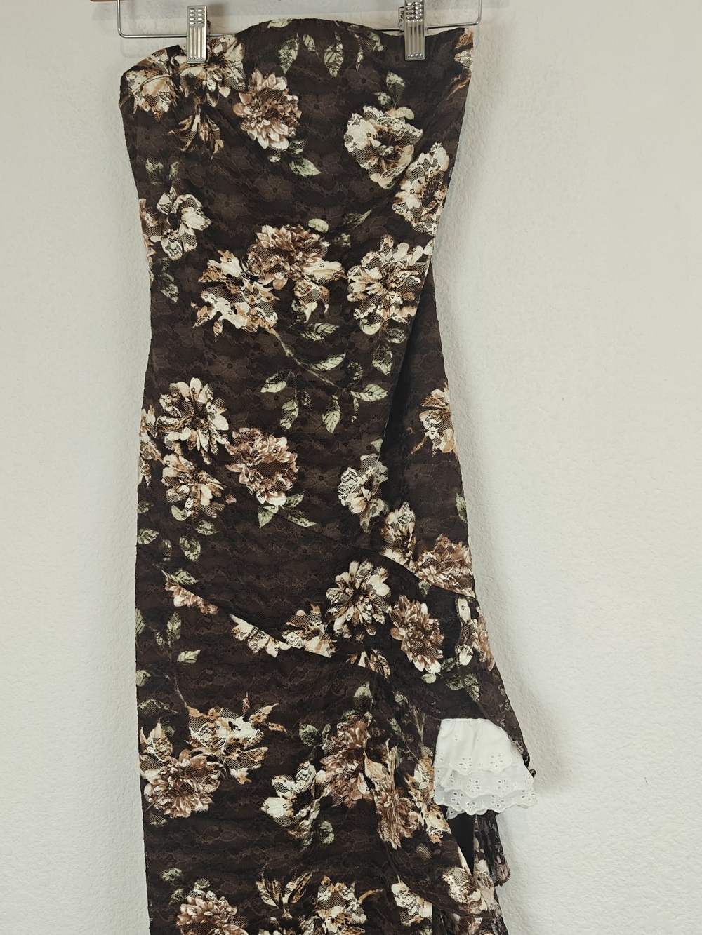 J for Justify Floral Lace Strapless Midi Dress Brown Romantic Ruffle Side Slit M - Picture 6 of 16